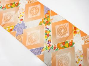 斜め格子に花模様織り出し　袋帯